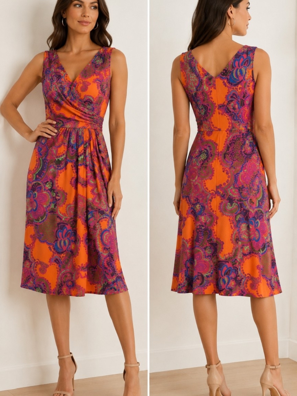 Lauren Ralph Lauren Paisley Faux Wrap Dress Orange Pink Sleeveless Midi
